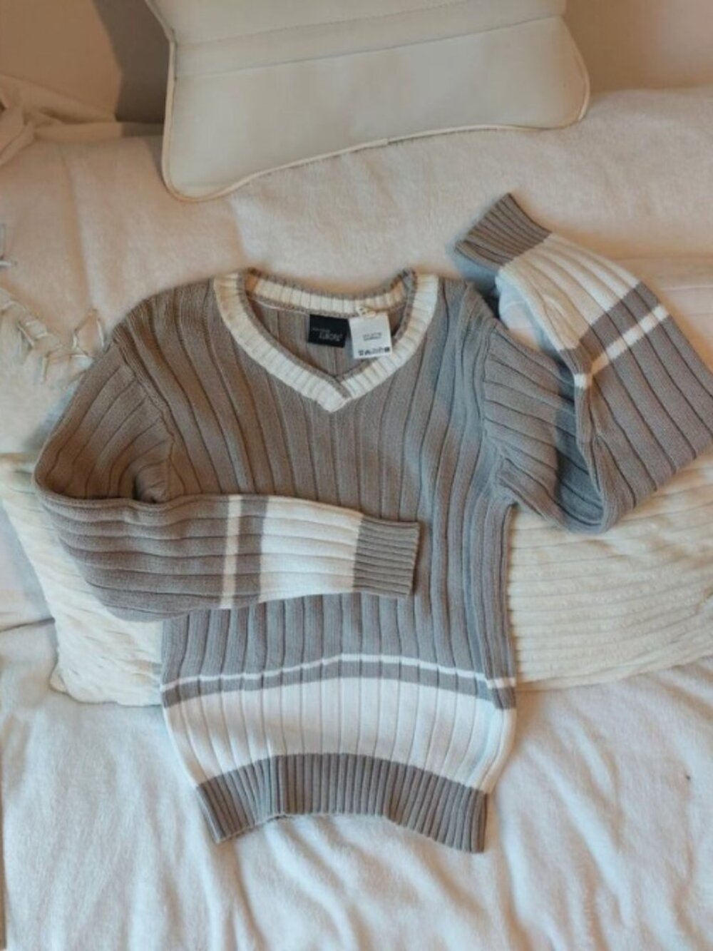 Boutique Europa Striped 100% Cotton Sweater – Grey/White (M)